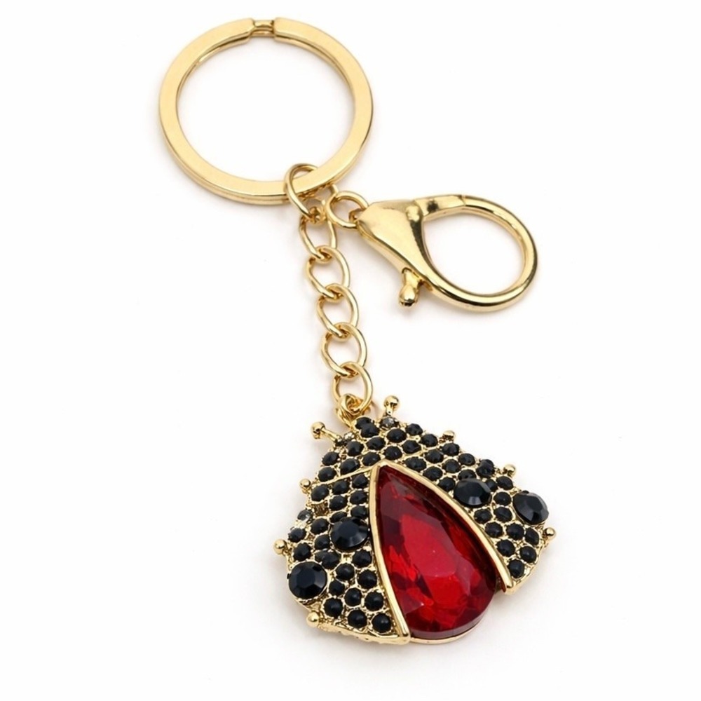 Key Chain Gold Red Black Ladybug Charm Rhinestone Crystal Metal 4"